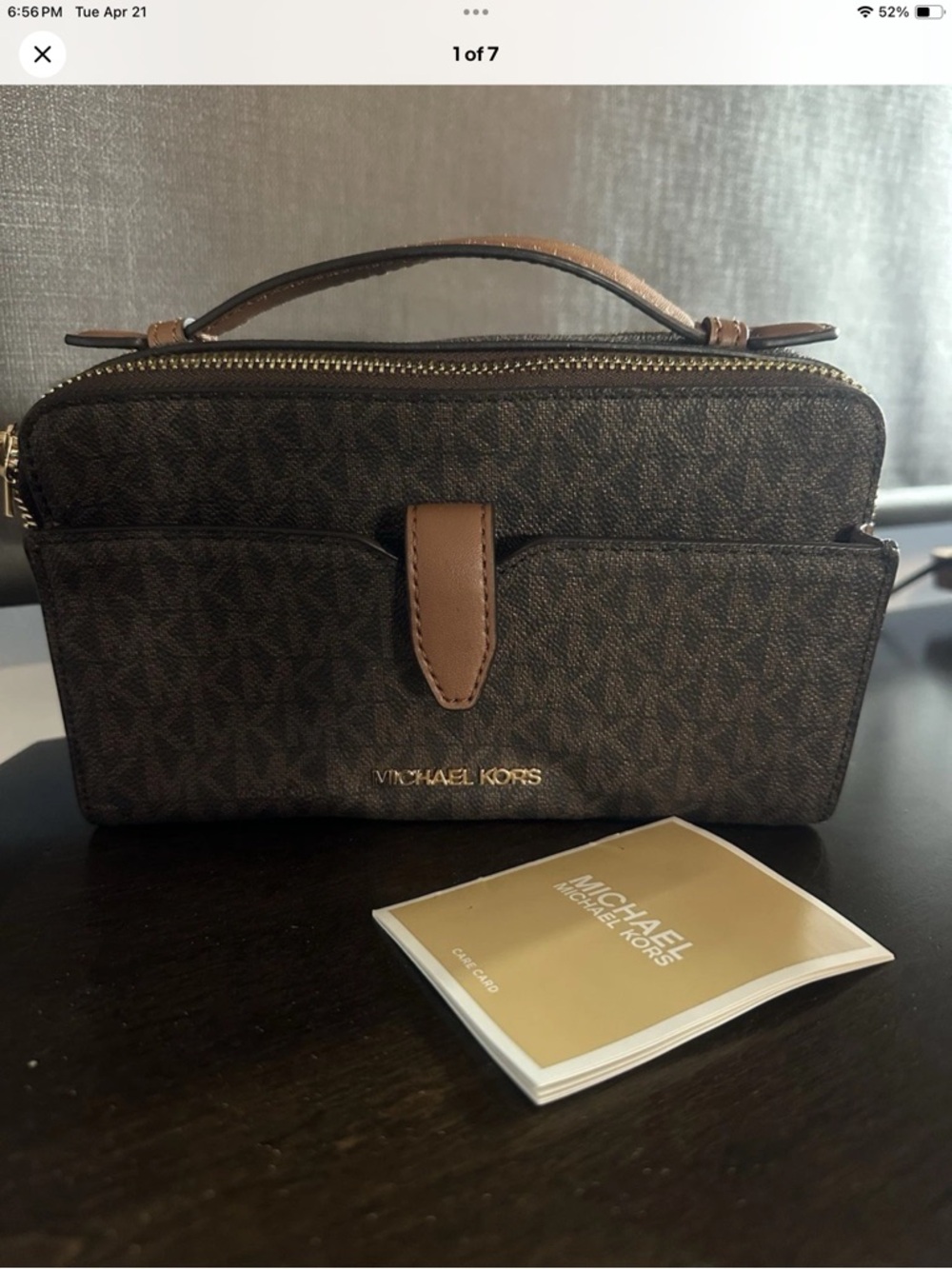 Michael Kors Brown Logo Canvas Toiletry Bag with Tan Trim